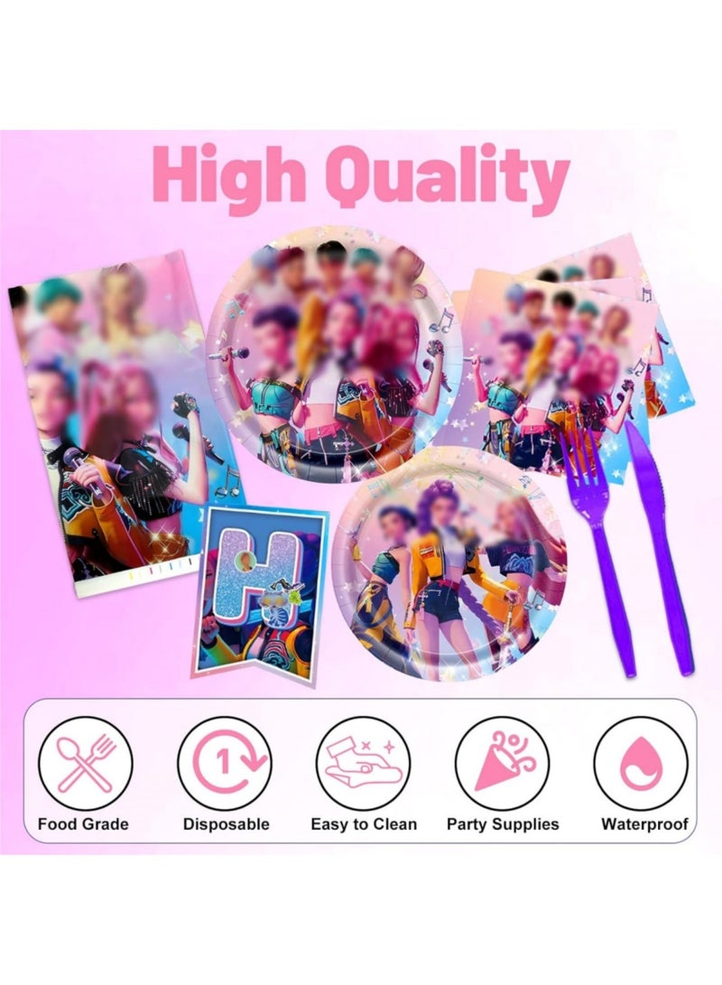 saykfoe 86 PCS Kpop Party Supplies Set, K Pop Birthday Demon Decorations Tableware Kit With 20 Plates 20 Napkins 10 Knives 10 Forks 10 spoons 15 Pennants 1 Tablecover for Boys Girls Hunters Theme Serves 10 Guests - Image 3